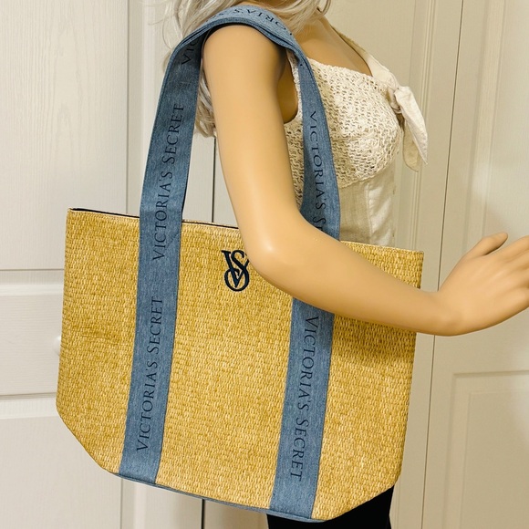 Victoria’s Secret Straw Beige Blue Tote Bag NWT - Picture 2 of 13